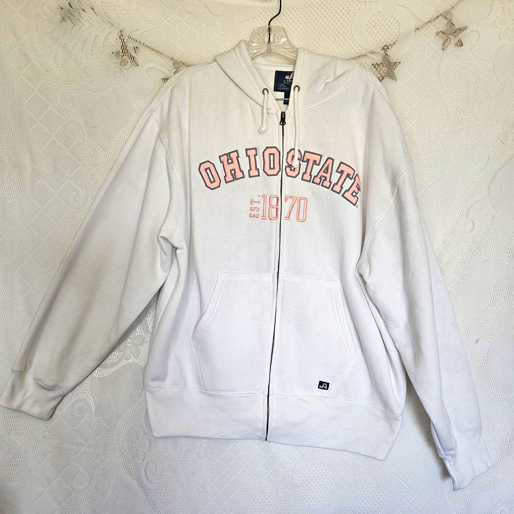 J America Womens Large White Ohio State Graphic Full Zip Hooded Fleece Jacket